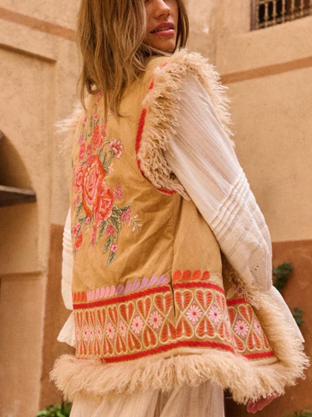 Spell Tan Floral Embroidered Faux Fur Trim Vest - Picture 3 of 9